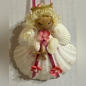 Christmas Tree Ornament Handmade Sea Shell Angel With Pink Flowers & Starfish